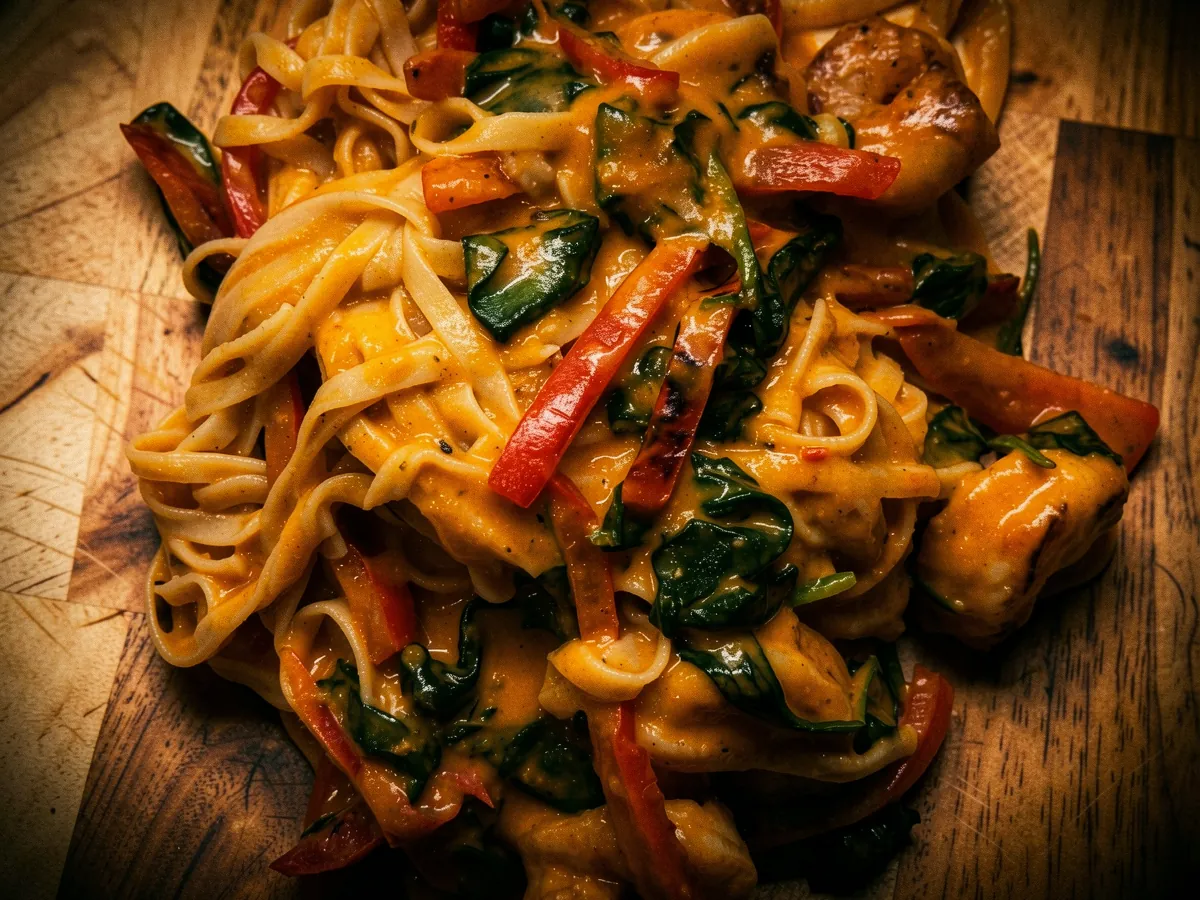 Cajun shrimp and chicken pasta, plated