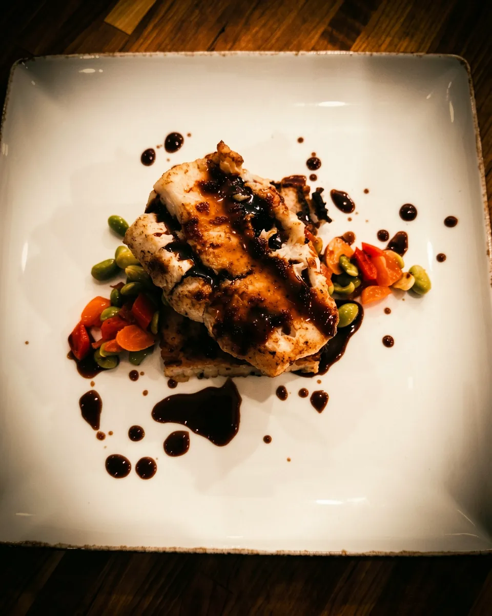 A fine-dining plated fish finished with a balsamic drizzle