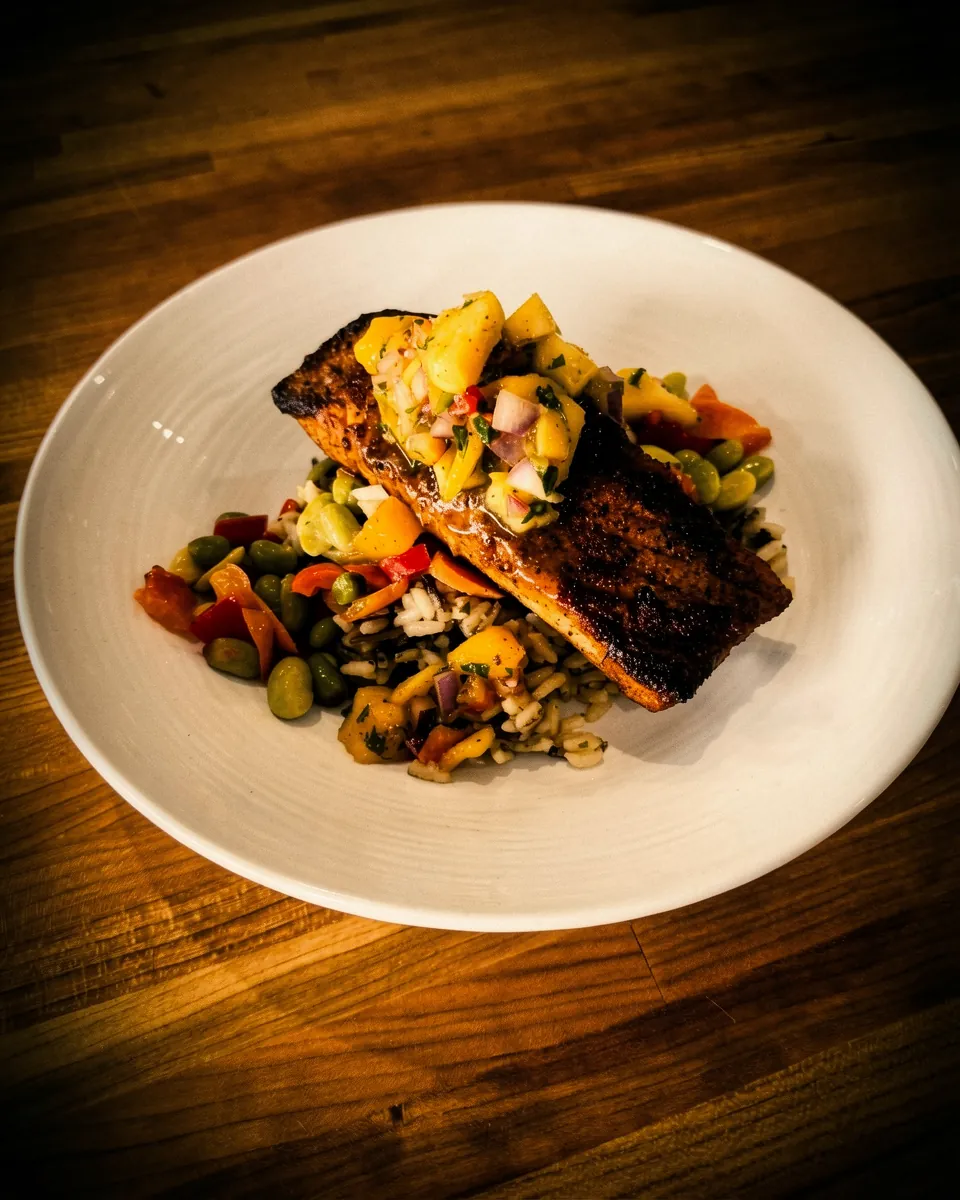 Blackened salmon with mango salsa over a rice medley